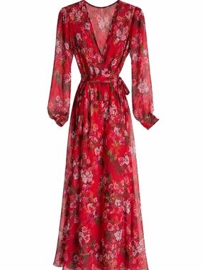 Red Floral Wrap Maxi Dress